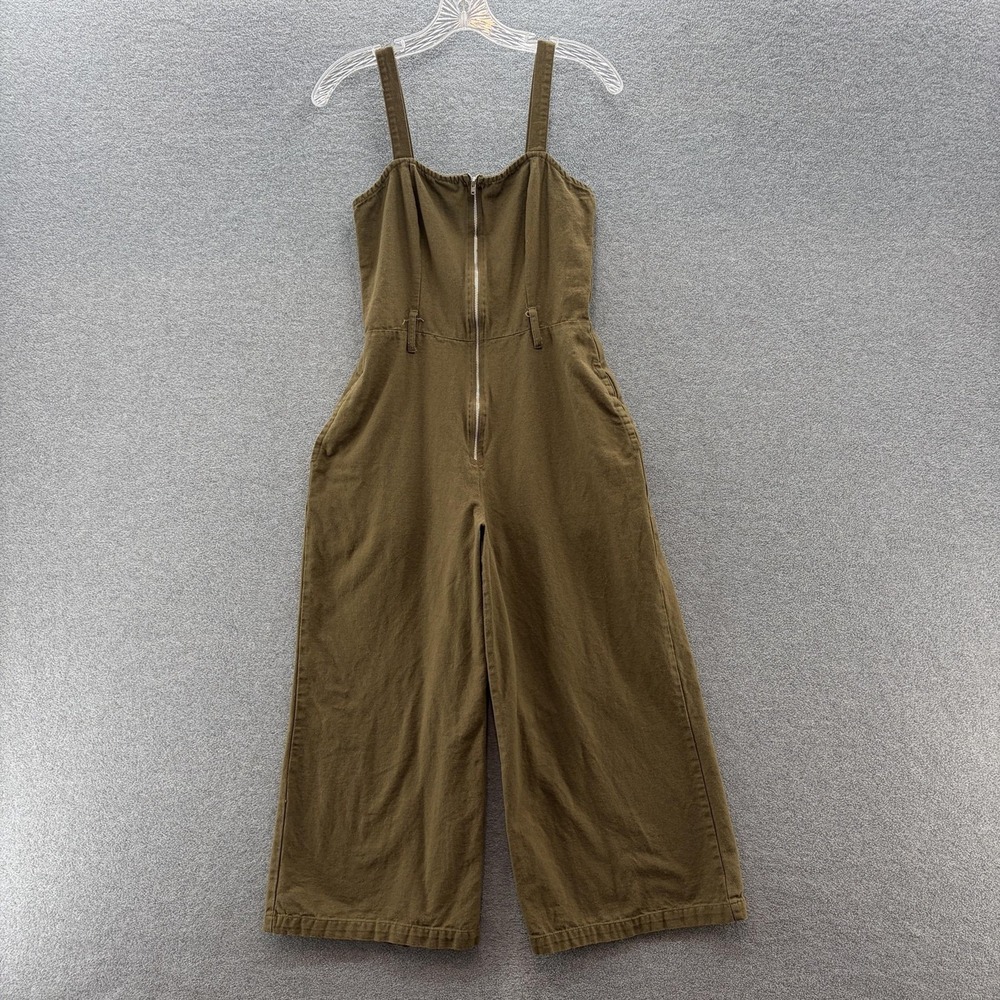DIZZIRE Jumpsuit Womens Small Green Cotton Twill Zip Up Wide Leg Crop Pockets